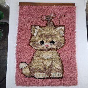 Vintage Latch Hook Rug Wall Hanging Kitten with Mouse on Head Pink Handmade